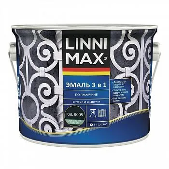 ГРУНТ- ЭМАЛЬ ПО РЖАВЧИНЕ 3 В 1 ЧЕРНАЯ (RAL 9005) 2,5 Л (1/4) "LINNIMAX"