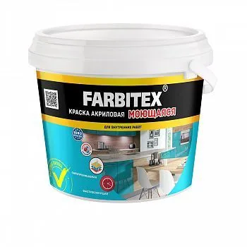 КРАСКА АКРИЛОВАЯ ИНТЕРЬЕРНАЯ МОЮЩАЯСЯ 3 КГ / 1,82 Л (1/6) "FARBITEX"