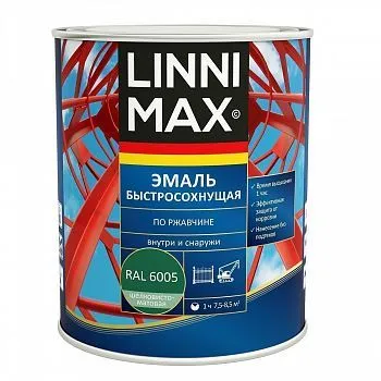 ГРУНТ- ЭМАЛЬ ПО РЖАВЧИНЕ БЫСТРОСОХН. ЗЕЛЕНАЯ (RAL 6005) 0,75 Л (1/6) "LINNIMAX"