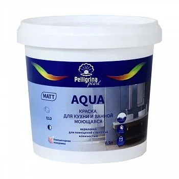 КРАСКА "AQUA "ДЛЯ КУХНИ И ВАННОЙ МОЮЩАЯСЯ АКРИЛОВАЯ БАЗА А 0,9 Л (1/8) "ПЕЛЛИГРИНА ЖЕМЧУГ"