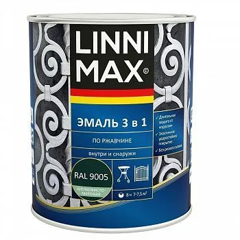 ГРУНТ- ЭМАЛЬ ПО РЖАВЧИНЕ 3 В 1 ЧЕРНАЯ (RAL 9005) 0,75 Л (1/6) "LINNIMAX"