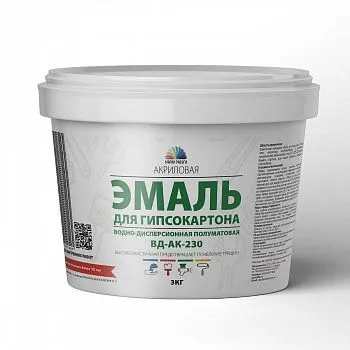 ЭМАЛЬ ДЛЯ ГИПСОКАРТОНА ВД-АК-230 АКРИЛОВАЯ ВЫСОКОЭЛАСТИЧНАЯ ПОЛУМАТ. БЕЛАЯ 3 КГ "МАГИЯ РАДУГИ"