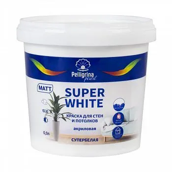 КРАСКА "SUPER WHITE" ИНТЕРЬЕРНАЯ АКРИЛОВАЯ БАЗА А 0,9 Л (1/8) "ПЕЛЛИГРИНА ЖЕМЧУГ"
