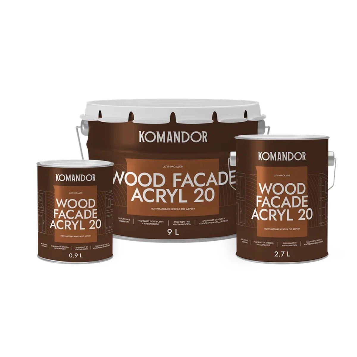 КРАСКА ПО ДЕРЕВУ "WOOD FACADE ACRYL 20" БАЗА A 0,9 Л (1/6) "KOMANDOR"